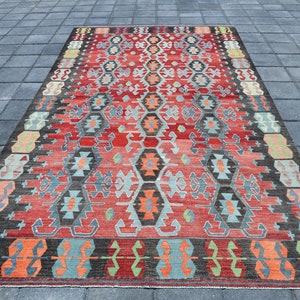 6x11 Area Rug, 6x11 Ikat Kilim, 6x11 LARGE VINTAGE KILIM Rug, 6x11, Oushak Handmade Kilim, Light Green & Red Kilim Rug, 6x11 Rugs, Gift Rugs