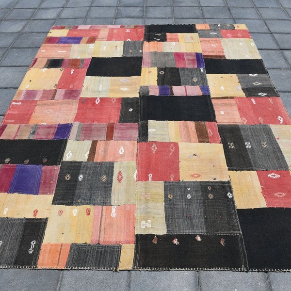 6x8 Black and Red Kilim Patchwork Rug, 6x8 Kilim Patchwork Rug, 5x8 Area Rug, Puzzle Design Rug, Handwoven Wool Rug, Turkey Rug ,