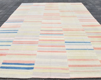 11x14 Soft Brown Rug, Oversize Kilim Rug, Turkish Kilim Rug, 11x14 Wool Handwoven Rug, 100% Turkey Big Rug, Vintage Kilim Rug, Beige Rug