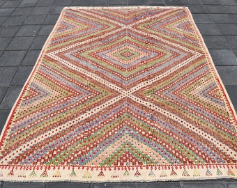 ECLECTIC KILIM RUG,Turkish Rug,Kilim Rug,Turkey Rug, 6'4x8'7 Ft,Floor Rug,Colorful Rug,Decorative Kilim,Anatolian Kilim,Boho Rug,Rug,6x9 Rug