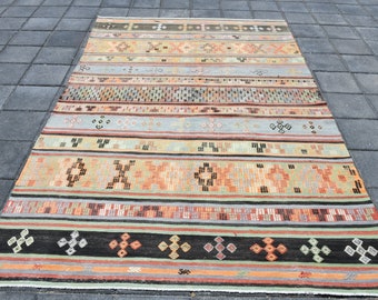 6x9 Area Rug, 6x9 Eclectic Vintage Kilim Rug, 6x9 Kilim Rug, Wool Handmade Oushak Kilim, Rugs 6x9, Green & Blue Kilim, Turkish Kilim 6x9