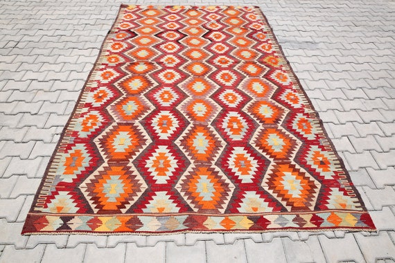 Orange Area Rug Orange Kilim Rug Bohemian Rug 6'1x10'0 Ft Turkish Kilim Rug Colorful Rug Home Decor Eclectic Rug Turkish Rug 6x10 Rug K-1925