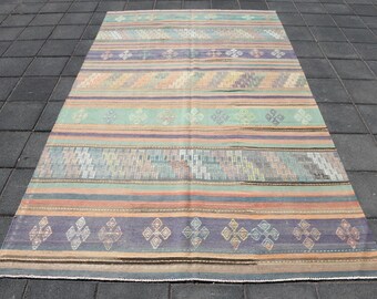 6x9 Salmon Green VINTAGE KILIM Rug, 6x9 Kilim Rug, 6x9 Rug, Handmade Wool Rug, 6x9 Turkish Kilim, Bohemian Eclectic Style, Rug For Bedroom