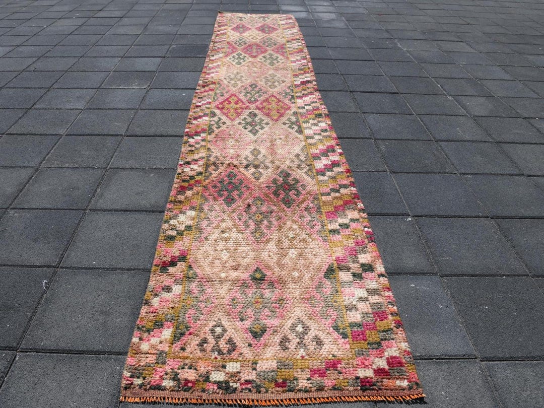 2x12 Rug, 2x12 Turkish Runner, 2x12 Pink Green VINTAGE TURKISH RUNNER ...