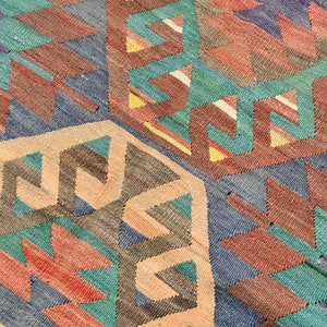 Pu&ograve; includere: Primo piano di un tappeto tessuto colorato con un motivo geometrico. Il tappeto presenta sfumature di blu, verde, rosso e marrone.
