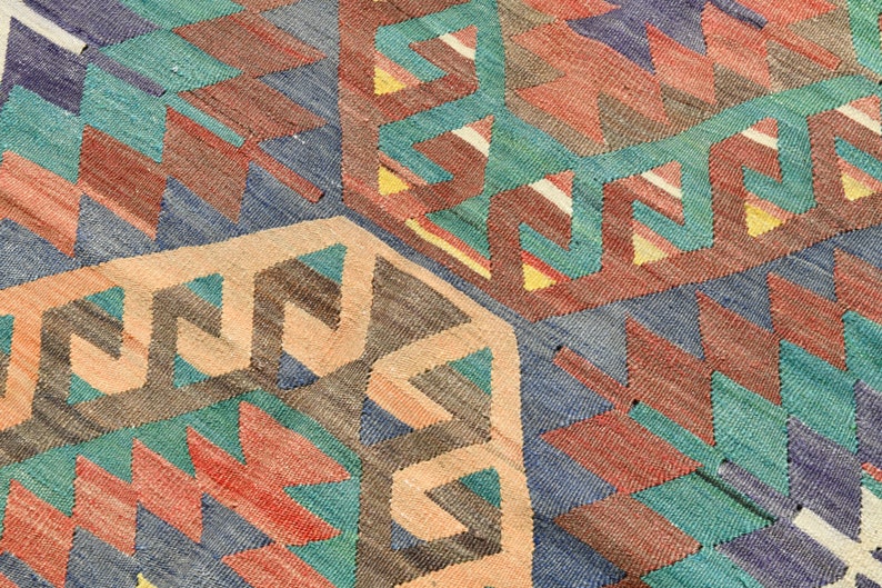 Pu&ograve; includere: Primo piano di un tappeto tessuto colorato con un motivo geometrico. Il tappeto presenta sfumature di blu, verde, rosso e marrone.