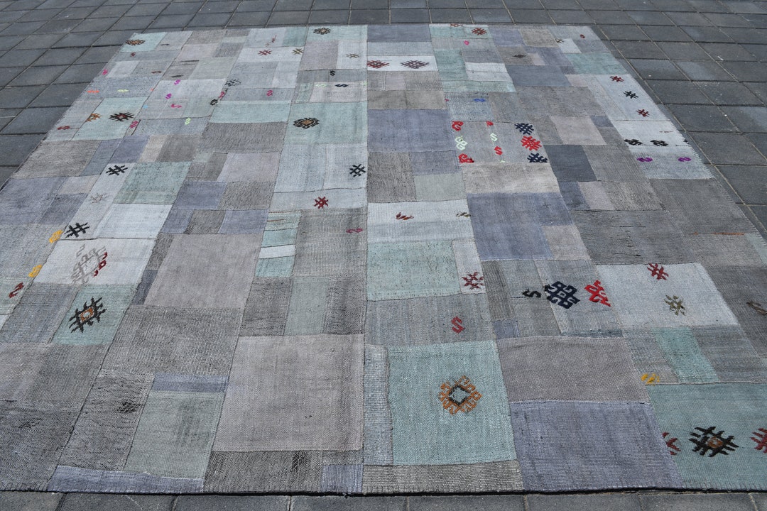 11x11 Oversize Square Hemp Rug, 11x11 Blue and Gray Hemp Rug, Hemp