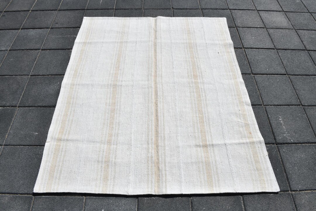 4x5 Rug, 4x5 Striped Hemp, 4x5 White Beige Hemp Rug, Handmade Bohemian ...