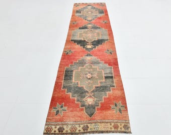 3x11 Vintage Soft Turkish Runner Rug: Brunt Orange Wool Handmade Carpet, Rugs For Hallway