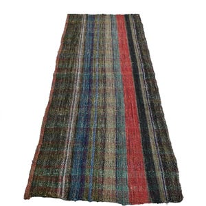 Peut inclure: Un tapis rectangulaire à rayures avec un aspect vieilli. Le tapis présente des rayures verticales dans les tons marron, bleu, vert, rouge et noir. Le tapis est probablement tissé et a une esthétique vintage ou antique.