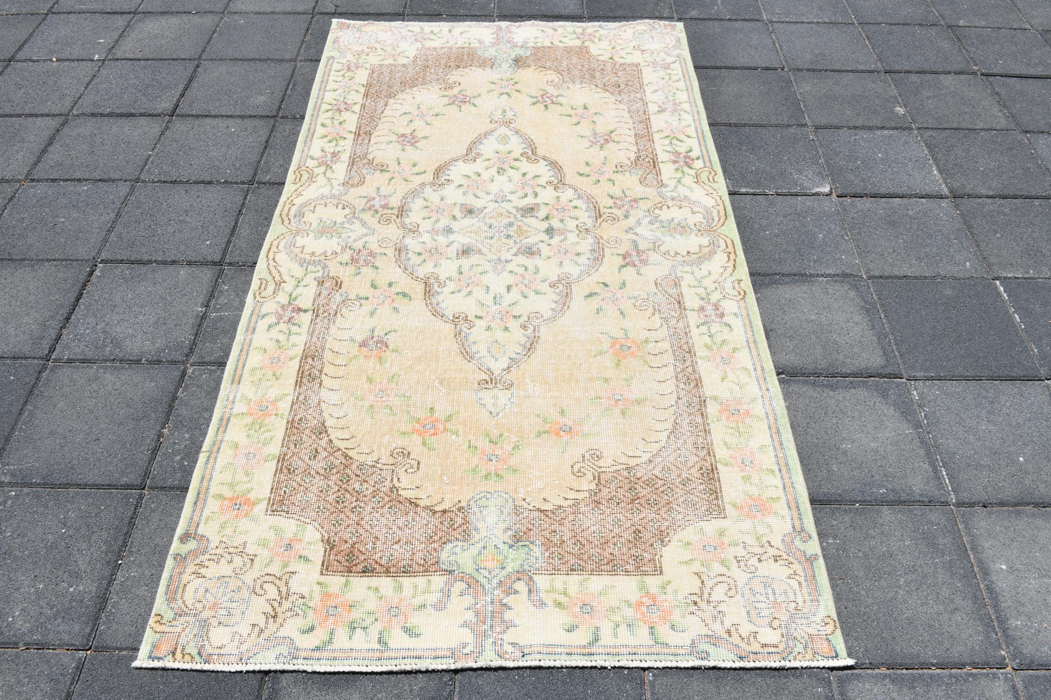 4x7 TURKISH VINTAGE Rug, 4x7 Cream Brown Vintage Rug, 4x7 Rug