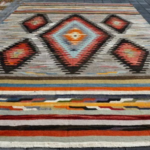 12x15 Brown Blue Persian Kilim Rug, 12x15 Oversize Kilim Rug, Large Area Rug, 12x15 Rug, Handmade Wool Rug, 12x15 Kilim Rug, Antique 57s Rug