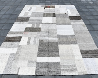 FLATWEAVE RUG, Traditional White Flatwevae Rug, Anatolian Soft Kilim Rug, Large Area Rug, Handmade Rug, 7x10 Rug, 7x10 Oversized Rug ,