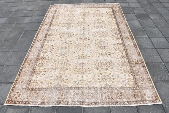 Floral Turkish Vintage Rug 6x9: Handmade Wool Anatolian Rug, 1960s