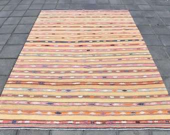 6x8 Turkish Vintage Kilim Rug, 6x8 Wool Kilim Rug, 6x8 Area Rug, Handmade Eclectic Rug, Striped Design Rug,6x8 Rug, Turkish Rug, Antique Rug