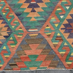 Pu&ograve; includere: Un tappeto colorato con un motivo geometrico di triangoli in tonalit&agrave; di blu, verde, arancione e marrone. Il tappeto ha un bordo con frange.