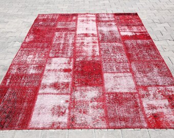 5x8 Red White Turkish Vintage Rug: Shabby Chic Decor Handmade Rug For Living Room