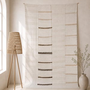 9x12 Vintage Hemp Patchwork Rug, White & Beige Handmade Carpet, Large Living Room Carpet