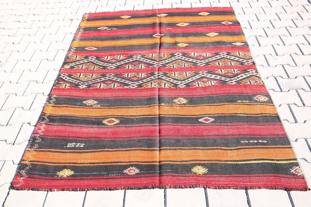 5x7 Rugs 5x7 RED and ORANGE KILIM Rug Wool Handmade Kilim Etsy