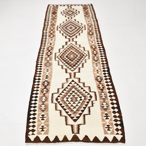 3x8 Vintage Runner, 3x8 Cream Brown TURKISH VINTAGE RUNNER Rug, 3x8 Rug, Handmade Oushak Rug, Geometric Tribal Pattern, One-of-a-Kind, Gift