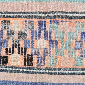 May include: Close-up of a woven rug with a geometric pattern in shades of blue, pink, and white. The rug has a textured surface and a fringe border.