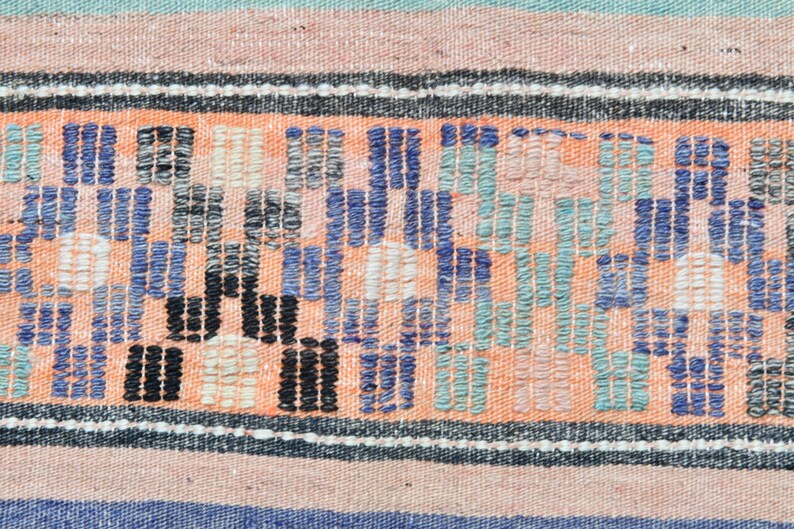 May include: Close-up of a woven rug with a geometric pattern in shades of blue, pink, and white. The rug has a textured surface and a fringe border.
