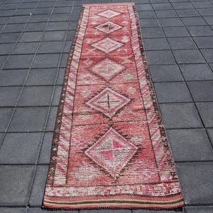 3x11 Red Pink Herki Runner Rug, 3x11 Vintage Runner, Handmade Wool Rug, 3x11 Runner Rug, Long Wide Runner Rug, 3x11 Rug, Hallway Runner, 60s