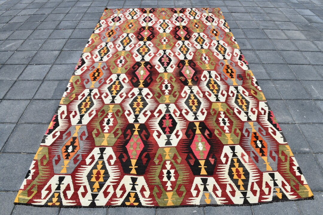 6x11 Area Rug 6x11 Green & Red Kilim Rug Vintage Kilim Rug Etsy