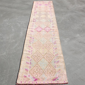 3x13 Soft Pastel Vintage Runner Rug, 3x13 Vintage Runner, 3x13 Rug, Handmade Wool Rug, 3x13 Herki Runner, Soft Pink & Cream Runner, Antique