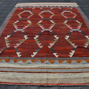 8x11 Vintage Turkish Kilim Rug, Turkish Kilim Rug, 8x11 Kilim Rug, HandWoven Wool Rug, 8x11 Area Rug, Red Beige Kilim, Oversize Kilim Rug