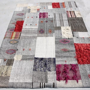 Gray & Red Flatweave Patchwork Rug 6x8, Handmade Wool Vintage Rug, 6x8 Area Rug, Turkey Rug, Daimond Luxury Rug, Living Room Patchwork Rug