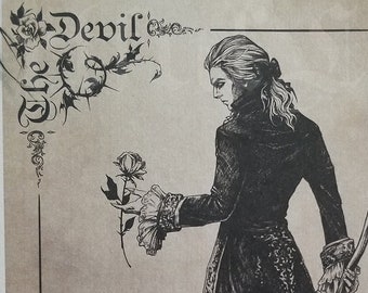 May include: Black and white illustration of a figure holding a rose, with the word "Devil" at the top. The figure is dressed in period clothing and stands in a field with a snake.