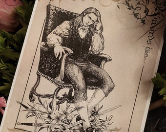 May include: A vintage tarot card illustration of a man sitting on a throne with three swords at his feet. The card is titled "Three of Swords" and has a distressed, antique look.