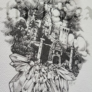 May include: Detailed black and white drawing of a gothic castle on a crystal formation. The illustration shows turrets, towers, and a cloudy sky. The artwork is on textured paper.
