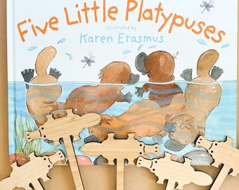 Five Little Platypuses | Book & 5 Wooden Puppets | An Aussie Adventure with Puppets by Karen Erasmus