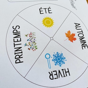 May include: A printable wheel with the French words for the four seasons: "Printemps" (Spring), "Été" (Summer), "Automne" (Autumn), and "Hiver" (Winter). Each season is illustrated with a corresponding image: flowers, a sun, a leaf, and a snowflake.