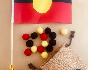 Indigenous FLAG on wooden Pole | Aboriginal Studies | NAIDOC WEEK | Optional matching Felt Balls | Educational Resources | 20 feltballs