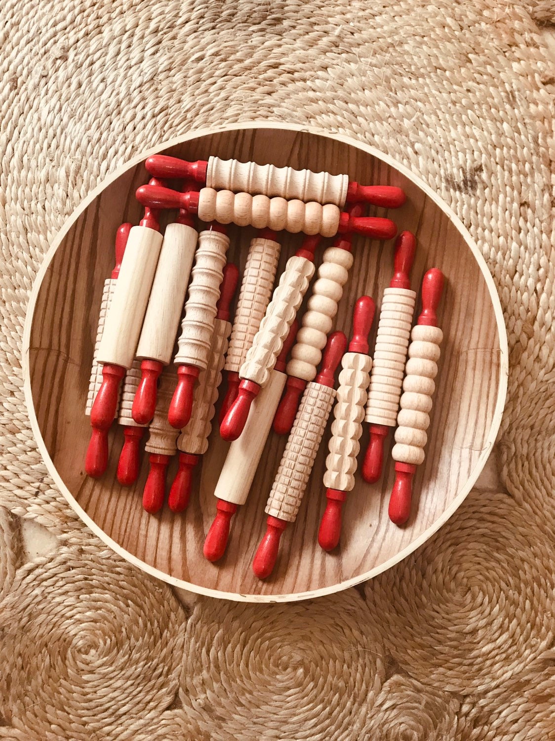 Small PATTERNED Wooden Rolling Pin Red Handled