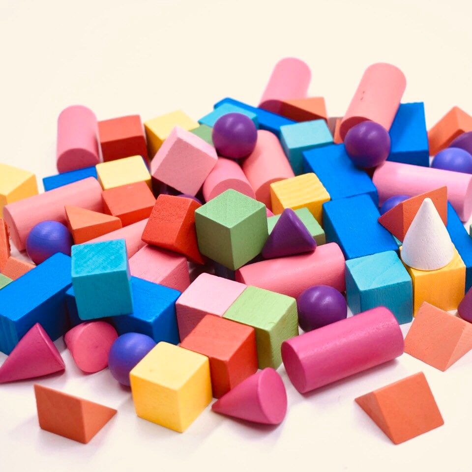 Geometric Wooden Solids 3D Shapes 14 coloured pieces