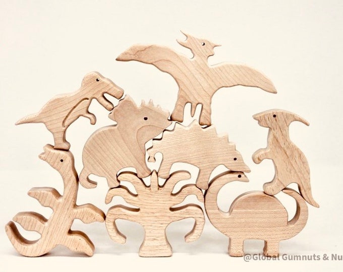 Wooden Dinosaurs, Set of 10 Prehistoric Animals | Wooden Montessori | Scandi style