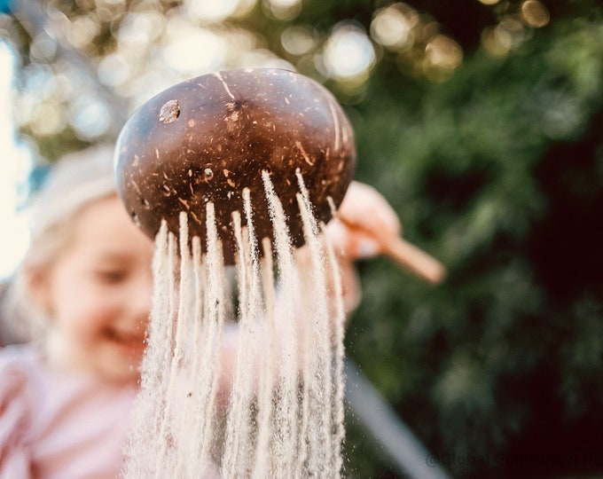 Long SAND Scoop (or water) | Holes in a CUP | Kids TOOLS | Mud Kitchen Tools | Coconut Bowl