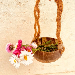 May include: A rustic coconut shell basket with a woven handle, containing a vibrant arrangement of flowers. The flowers are a mix of white daisies, pink and magenta blooms, and green leaves. The basket is suspended by a hand.
