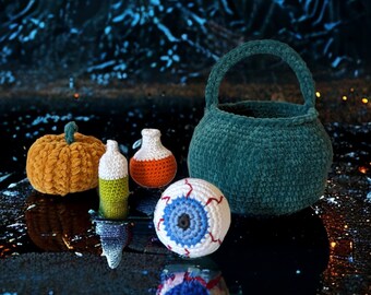 Halloween Decor Crochet Pattern Collection with Wizard Hat included, cauldron, eyeball, vials and pumpkin - UK Crochet Terms