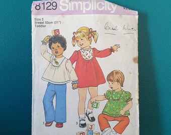 Vintage 1970s SIMPLICITY 8129 Size 2 Toddler Dress or Top and Pants Pattern