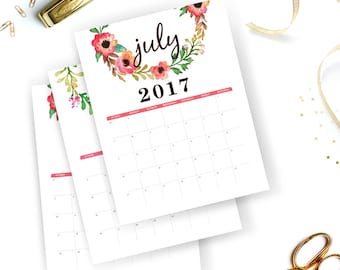 Printable Calendar 2017 | Floral Watercolor Calendar | Watercolor Wall Calendar | Instant Download