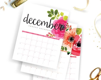 Printable Calendar 2017 | Floral Calendar | Watercolor Wall Calendar | Instant Download