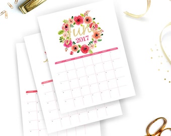 Printable Calendar 2017 | Floral Watercolor Calendar | Watercolor Wall Calendar | Instant Download