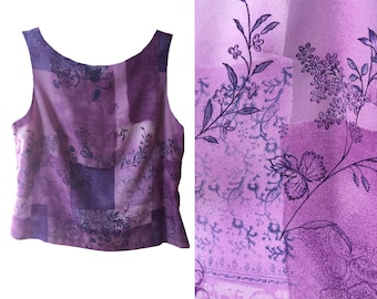 purple lavender sleeveless floral scarf patchwork pattern print crop cropped mid length shirt tank top, M, L, XL, plus size