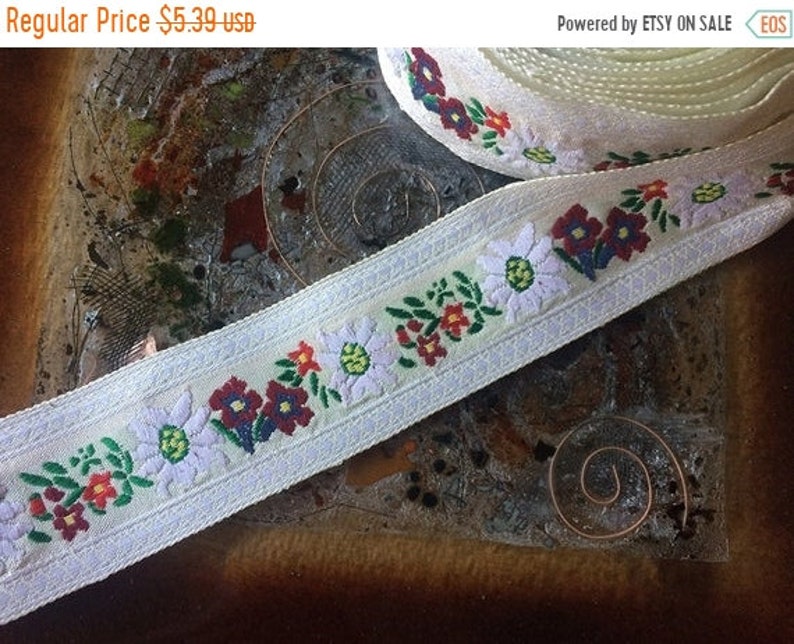 ON SALE Multi Color Floral Bouquet on Light Beige Background 2 Wide. Embroidered Cotton Jacquard Ribbon