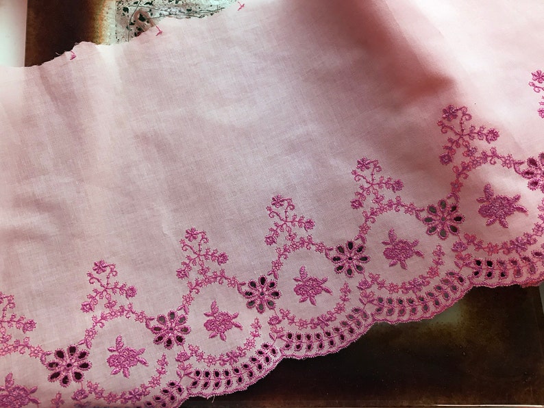 21 cm Wide. ON SALE Rose Pink Embroidery on Pink Voile Background